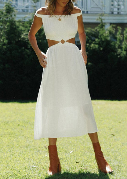 White Slash Neck Hollow Out Cotton Dresses Sleeveless