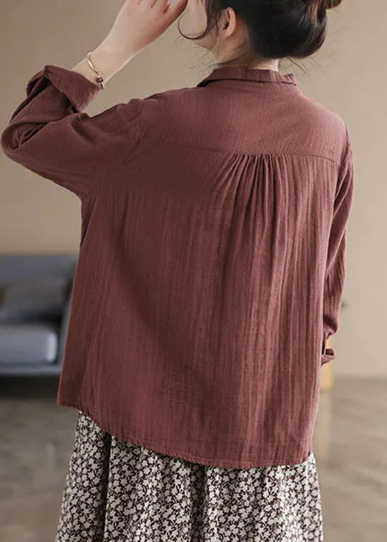 Khaki Button Peter Pan Collar Asymmetrical Design Cotton Tops Long Sleeve