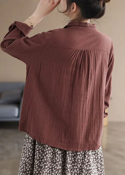 Khaki Button Peter Pan Collar Asymmetrical Design Cotton Tops Long Sleeve