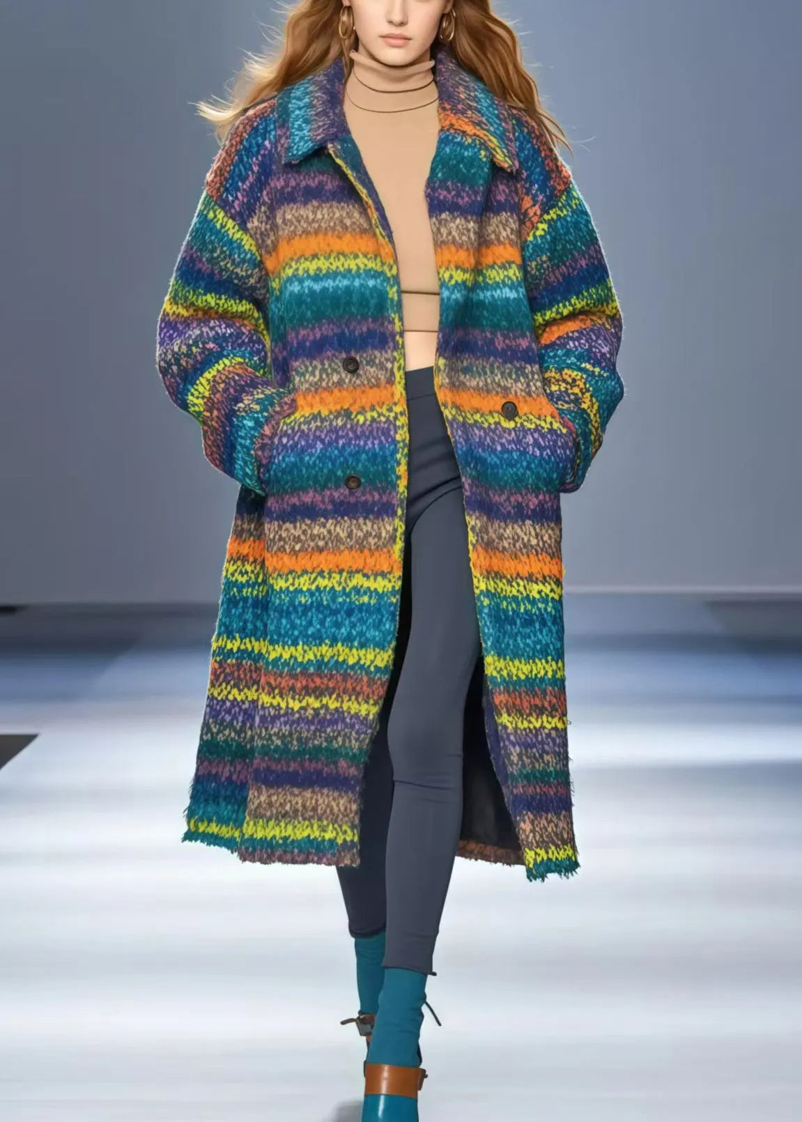 Multicolor Oversized Thick Woolen Coat Outwear Fall