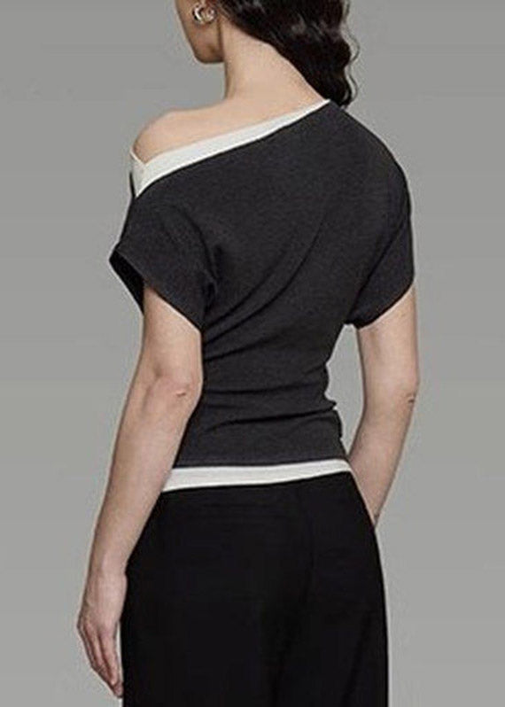 Dark Grey Slash Neck Asymmetrical Top Short Sleeve