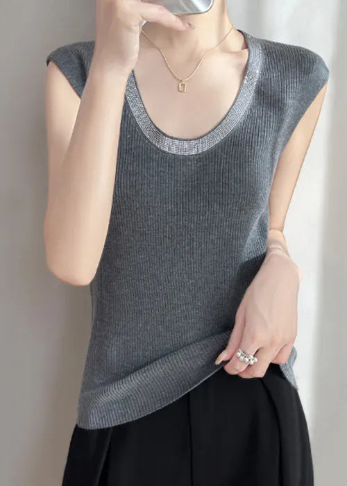 Grey Zircon Patchwork Knit Tank U Neck Sleeveless
