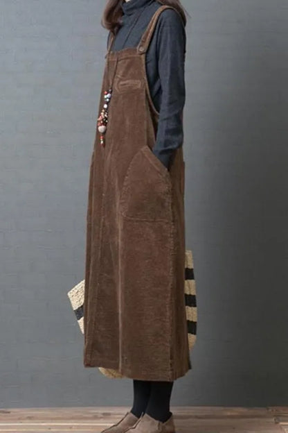 Corduroy Loose Large Pocket Suspenders Dress