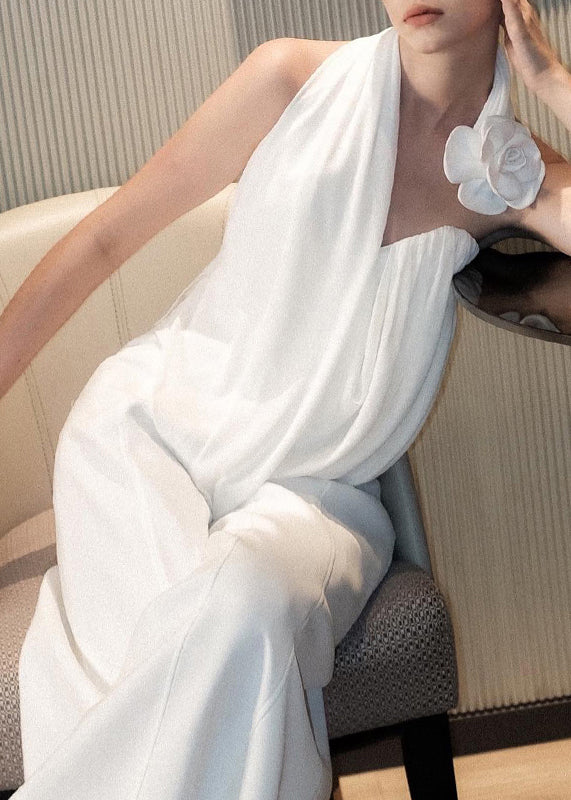 White Asymmetrical Tank and Wide Leg Pants Cotton Two Pieces Set Sleeveless