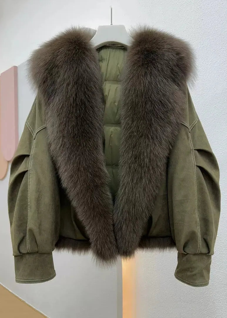 Loose Army Green Fur Collar Patchwork Fine Cotton Winter Coats Winter