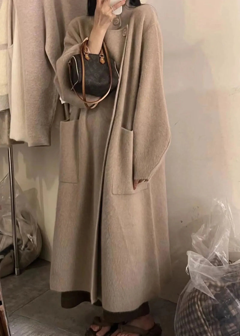 Pink Turtleneck Button Pockets Cotton Knit Long Coats Long Sleeve