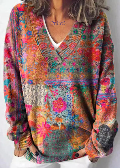 V Neck Print Knit Sweaters Spring
