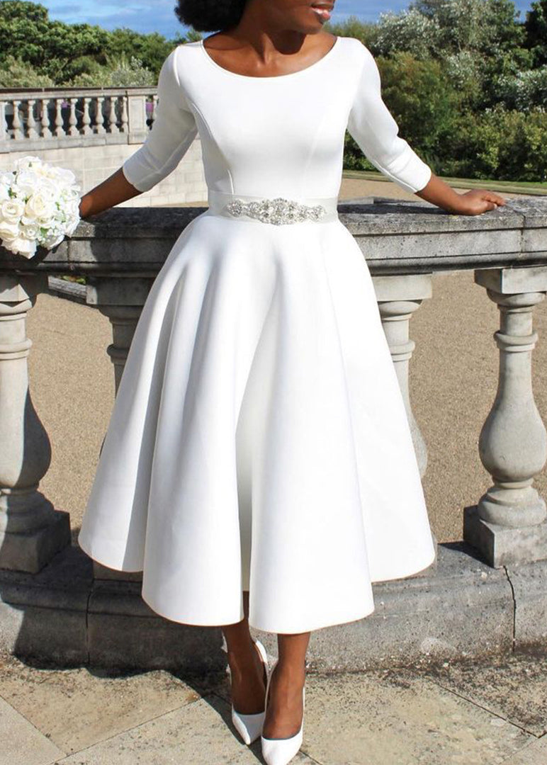 Classy White O Neck Cotton Exra Large Hem Dresses Fall