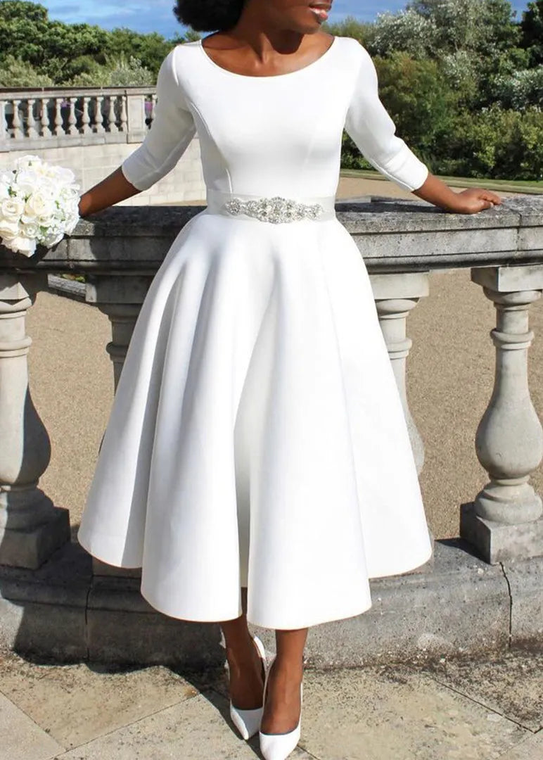 Classy White O Neck Cotton Exra Large Hem Dresses Fall