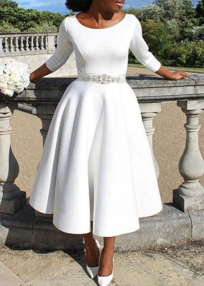 Classy White O Neck Cotton Exra Large Hem Dresses Fall