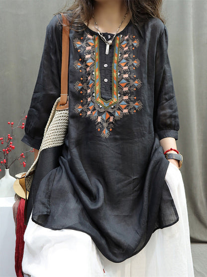 Summer Retro Embroidery O-neck Ramie Shirt