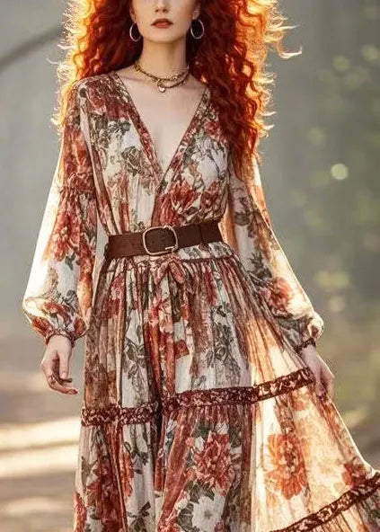 Brick Red Cinched Print Cotton Holiday Dress Spring