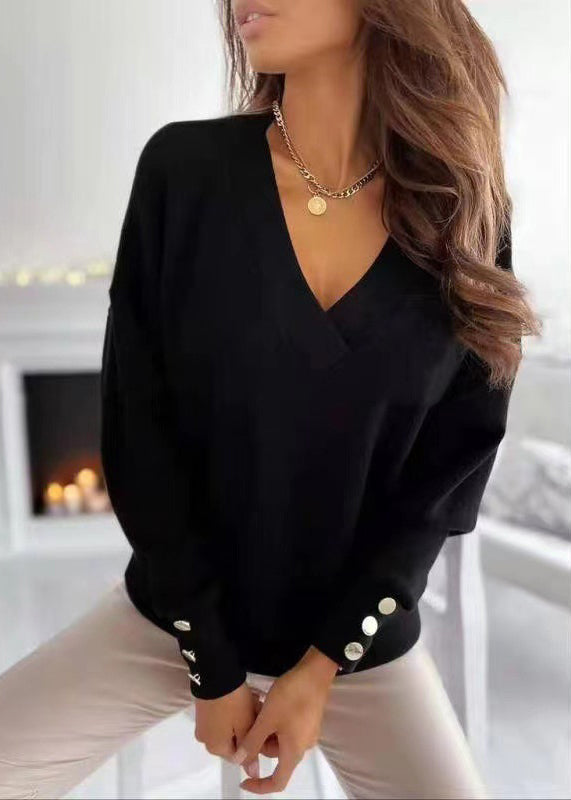 Blue V Neck Patchwork Loose Cotton Tops Fall
