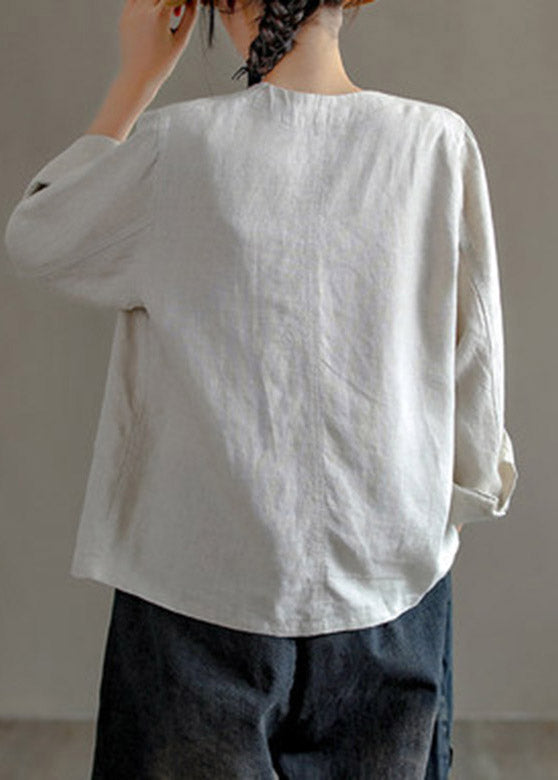 Chocolate V Neck Patchwork Button Linen Shirt Long Sleev