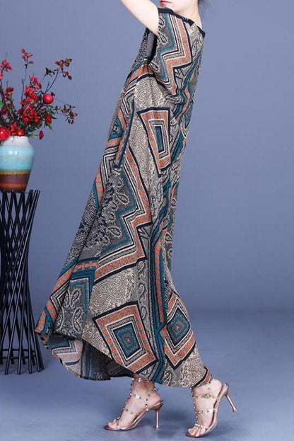 Geometric Print Pocket O Neck Maxi Dress