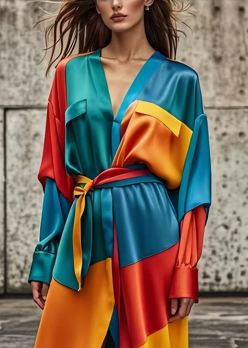 Colorblock Asymmetrical Patchwork Tie Waist Silk Dress Spring