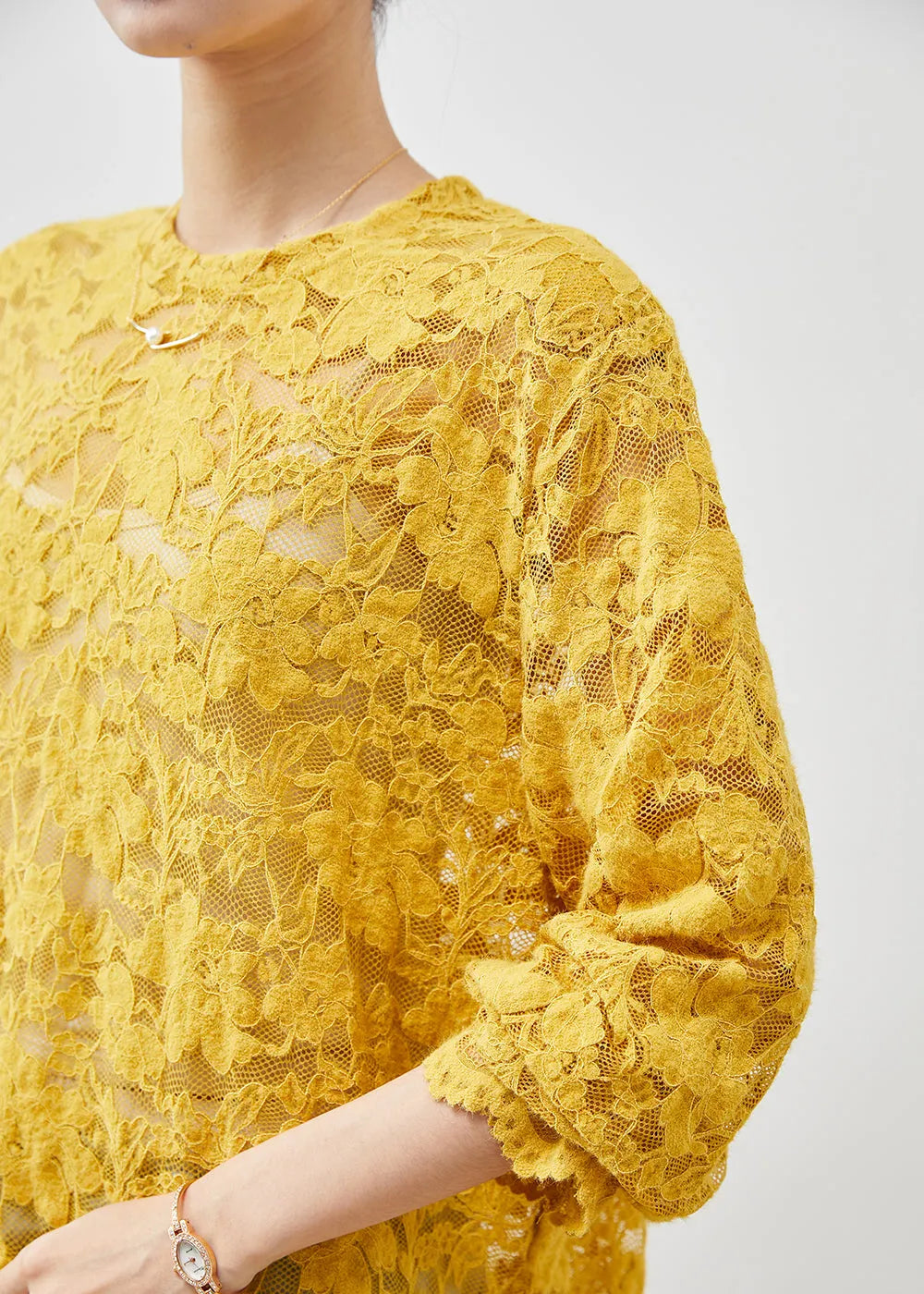 Yellow Hollow Out Side Open Lace Top Summer