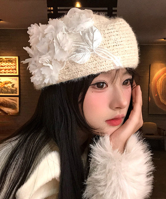 Beige Embroideried Knit Beret Hat
