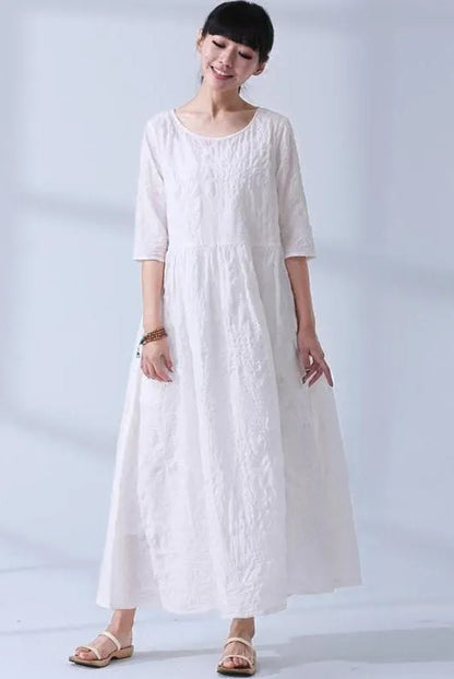National Wind Summer Jacquard Cotton Linen Loose Maxi Long Dress