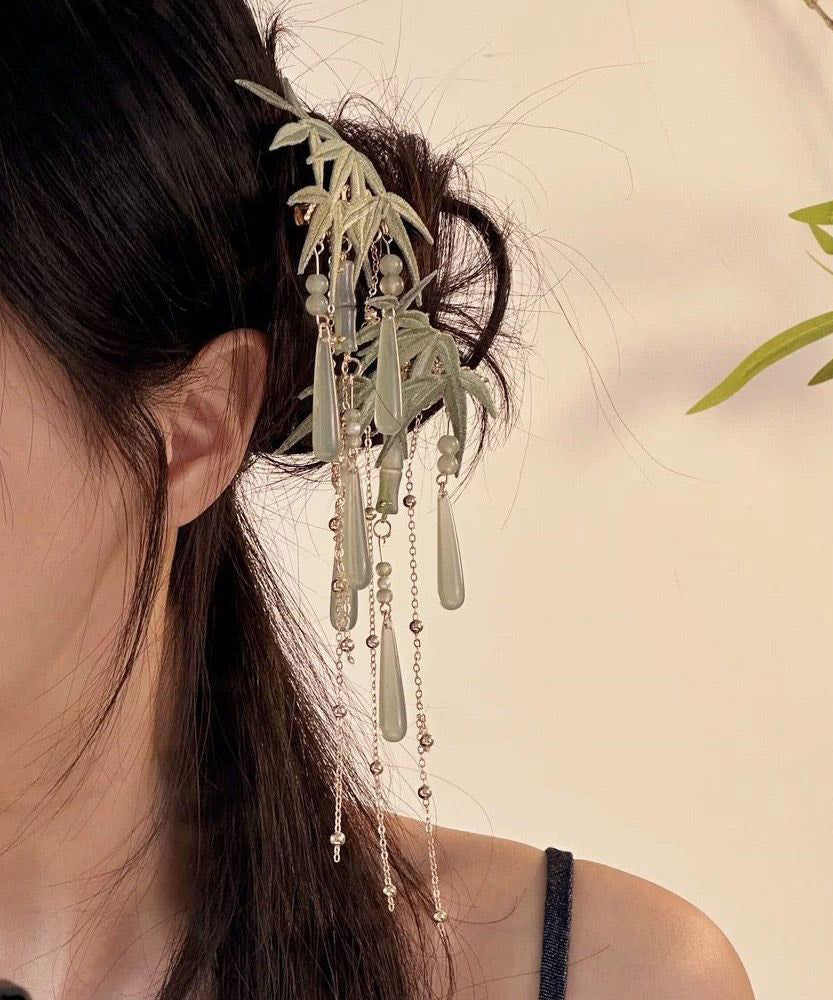 Art Light Green Overgild Coloured Glaze Resin Tassel Hairpin