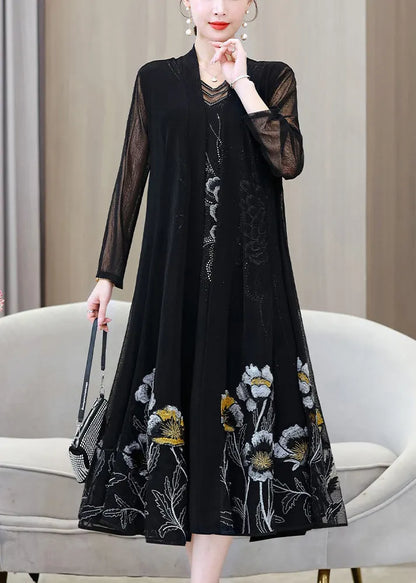 French Black V Neck Embroideried Ice Silk Long Sunscreen Cardigans Summer