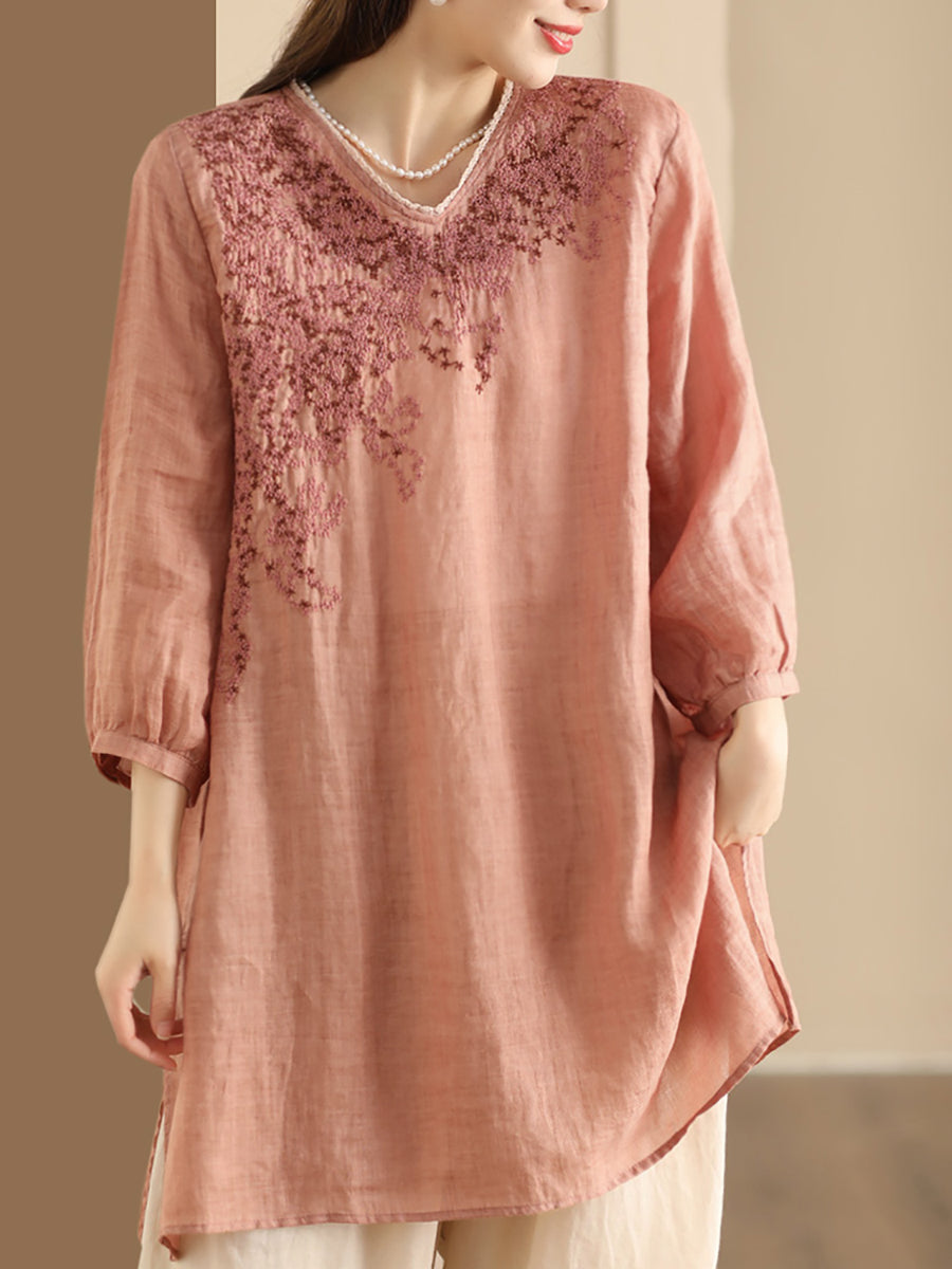 Summer Artsy Embroidery Ramie Long Shirt