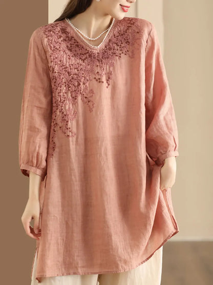 Summer Artsy Embroidery Ramie Long Shirt