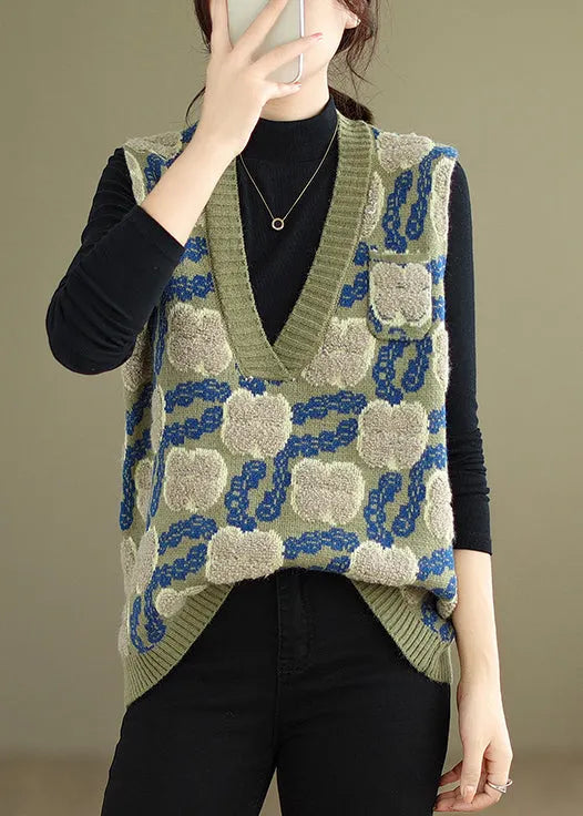 Green V Neck Patchwork Cozy Knit Waistcoat Sleeveless