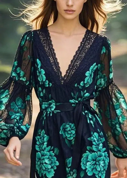 V Neck Print Lace Patchwork Tie Waist Chiffon Dress Spring