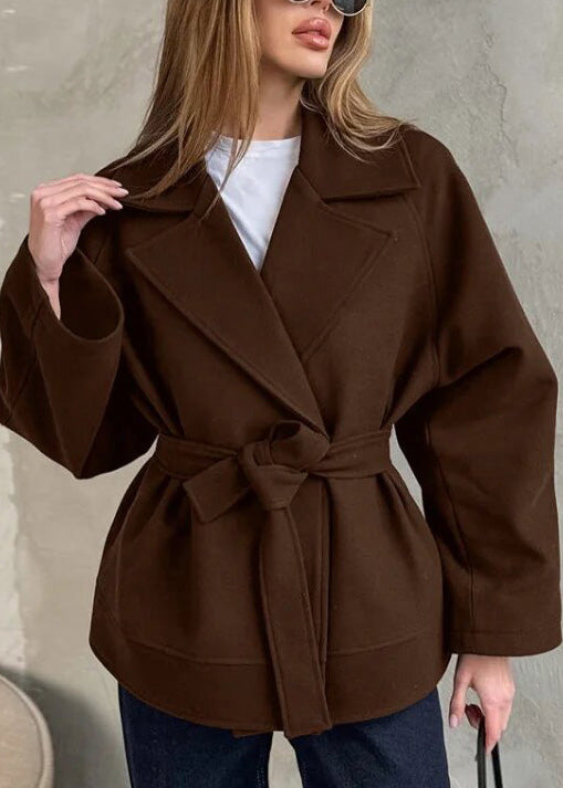 Boutique Coffee Peter Pan Collar Lace Up Woolen Coats Winter