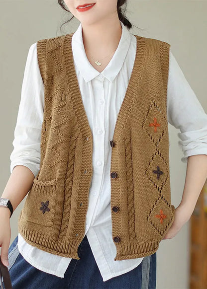 Orange Pockets Knit Vest V Neck Embroideried Fall