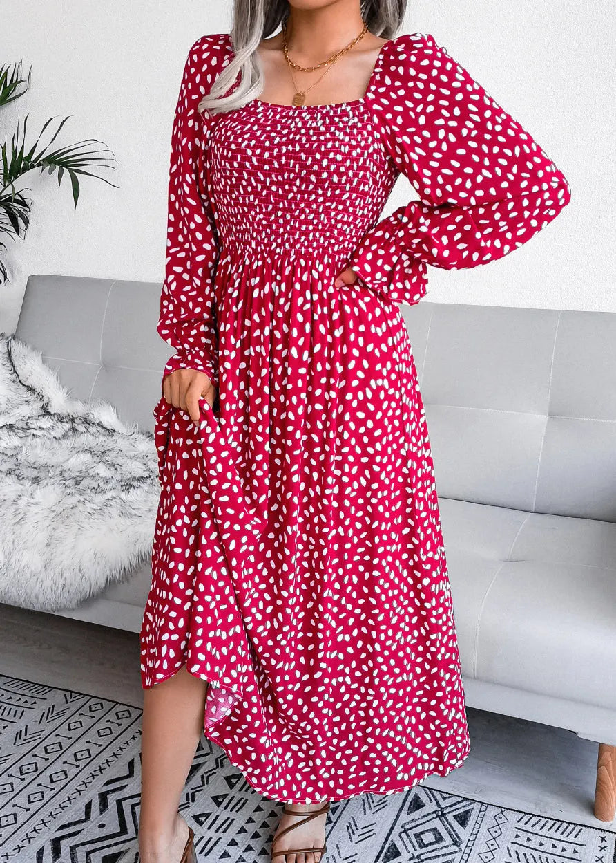 Red Square Collar Print Wrinkled Cotton Dresses Spring
