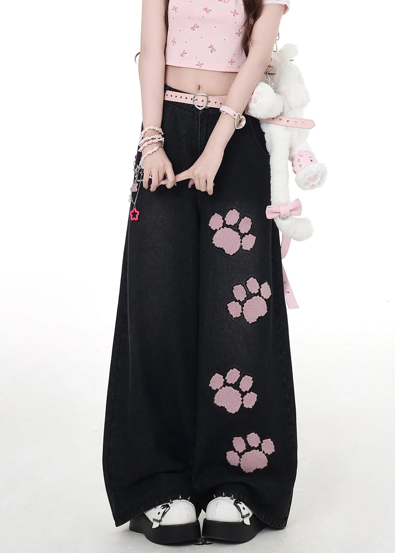 Modern Black Embroidered Pockets High Waist Denim Wide Leg Pants Fall
