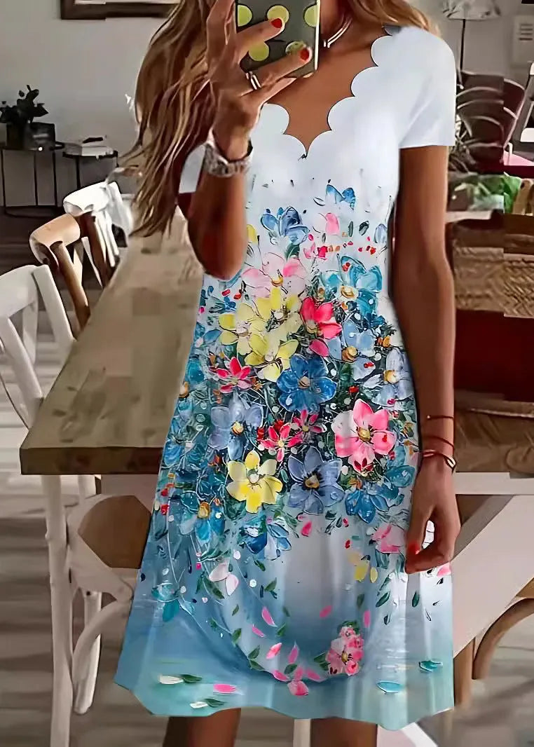 V Neck Print Cotton Loose Dress Summer