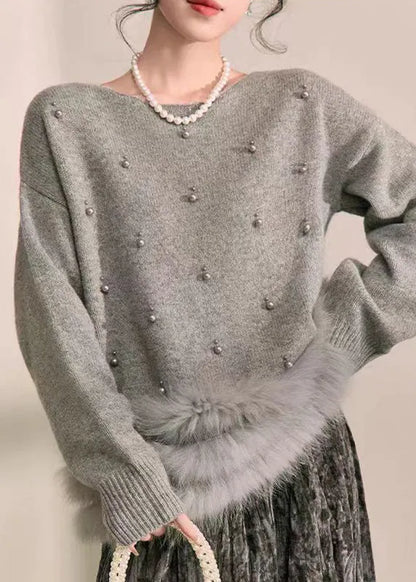Natural Grey Patchwork Nail Bead Fuzzy Fur Fluffy Cotton Knit Sweater Spring