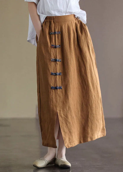 Brown Elastic Waist Side Open Linen Skirt Summer