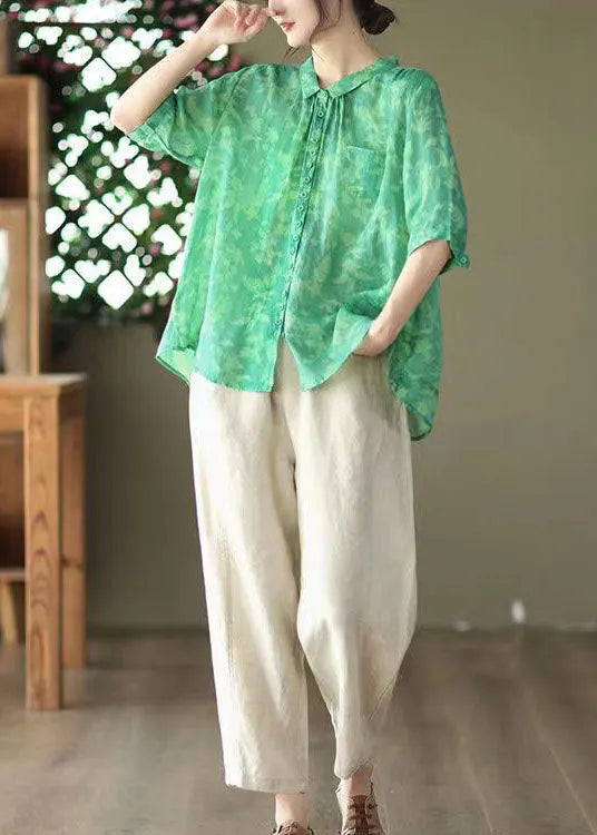 Green Peter Pan Collar Patchwork Linen Blouses Summer