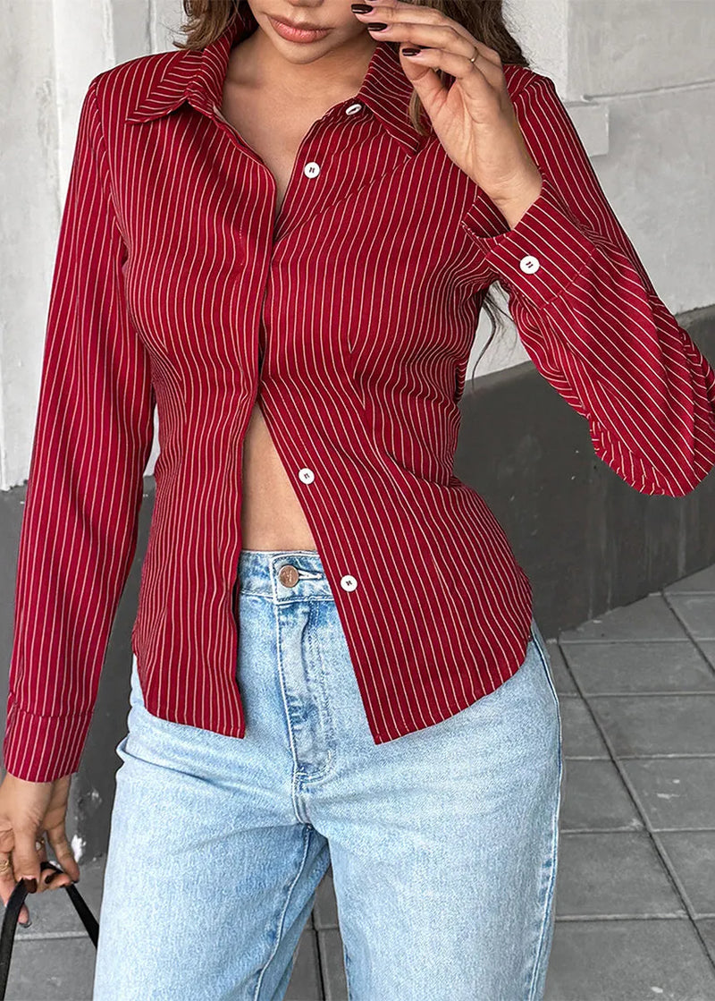 Mulberry Peter Pan Collar Striped Cotton Shirt Top Fall