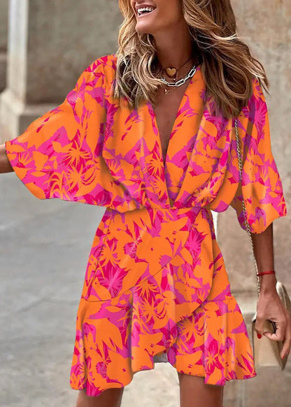New Orange V Neck Print Asymmetrical Design Cotton Mid Dress Batwing Sleeve