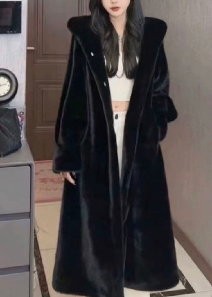 Black Patchwork Mink Velvet Hooded Maxi Trench Coat Winter