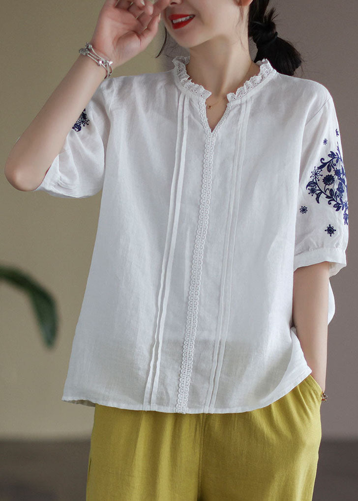 White V Neck Lace Patchwork Linen Shirt Top Short Sleeve