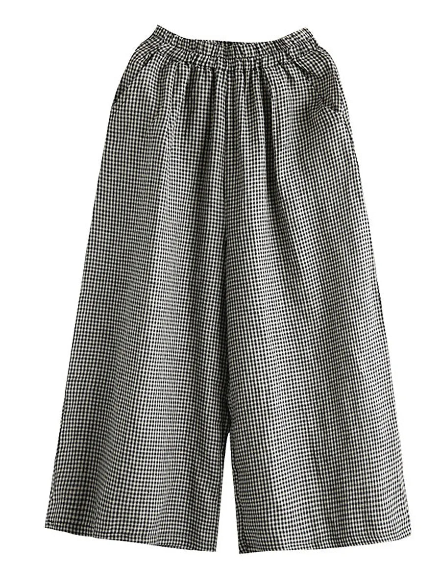 Hand-made Plaid Linen Wide Leg Pants