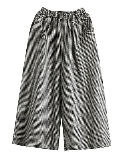 Hand-made Plaid Linen Wide Leg Pants