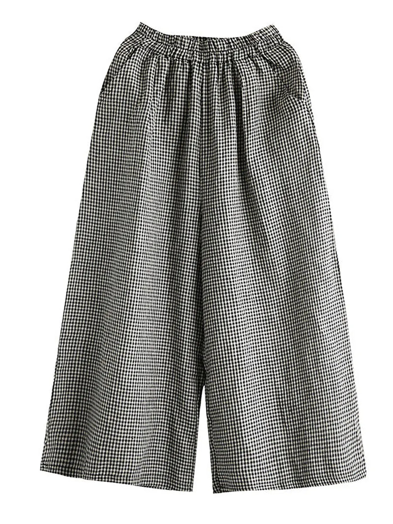 Hand-made Plaid Linen Wide Leg Pants