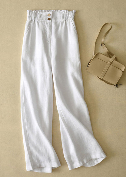 Black-texture High Waist Button Linen Straigh Pants Summer