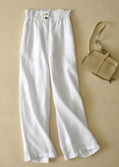 Grey-dot High Waist Button Linen Straigh Pants Summer