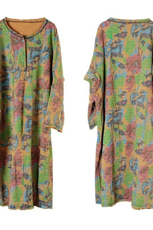 Loose Retro Print Button Big Pocket Dress