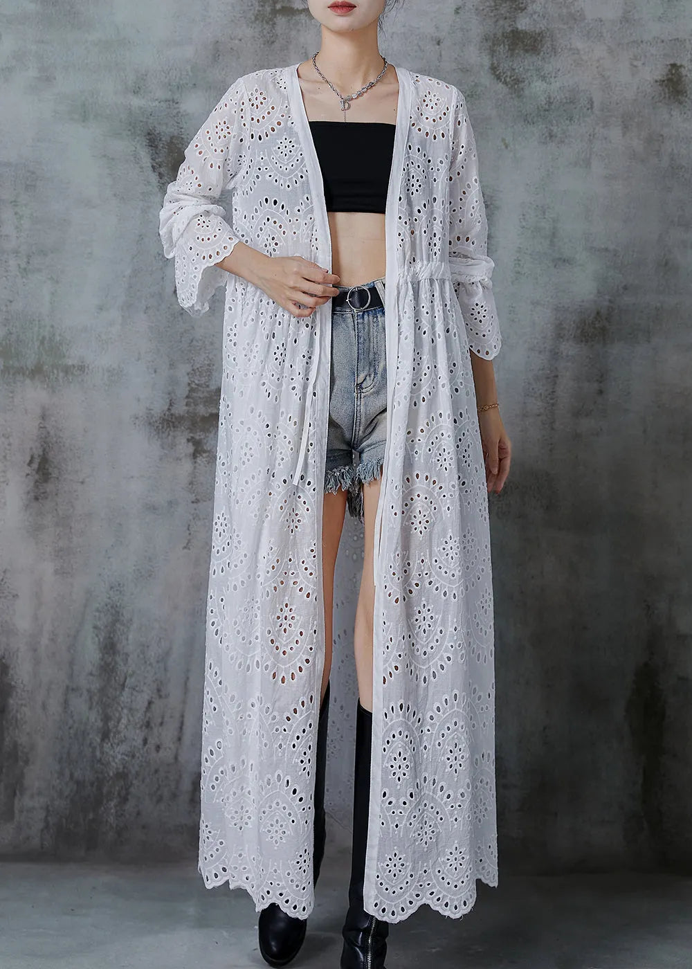 White Cinched Hollow Out Cotton Long Cardigans Fall