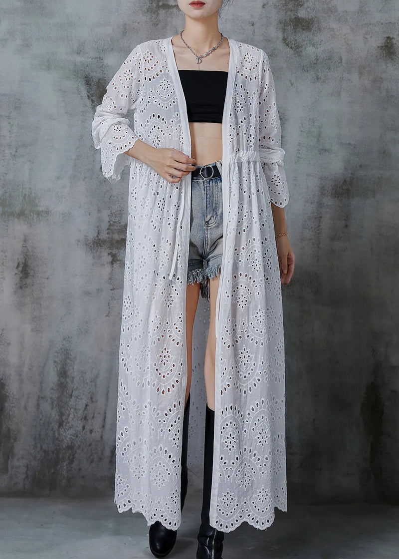 White Cinched Hollow Out Cotton Long Cardigans Fall