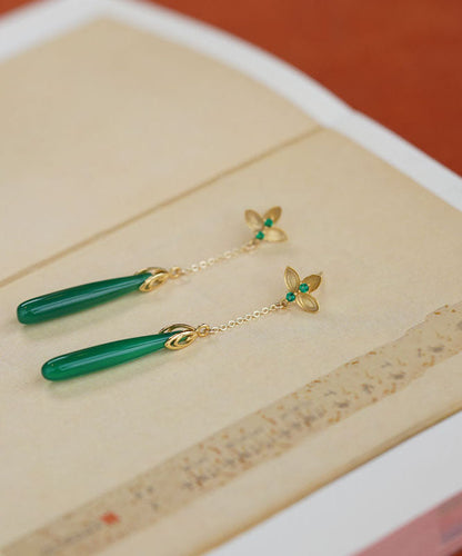 Green Sterling Silver Green Agate Water Drop Tassel Drop Earrings